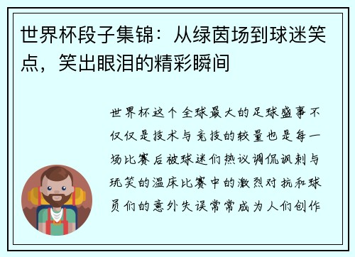 世界杯段子集锦:从绿茵场到球迷笑点,笑出眼泪的精彩瞬间